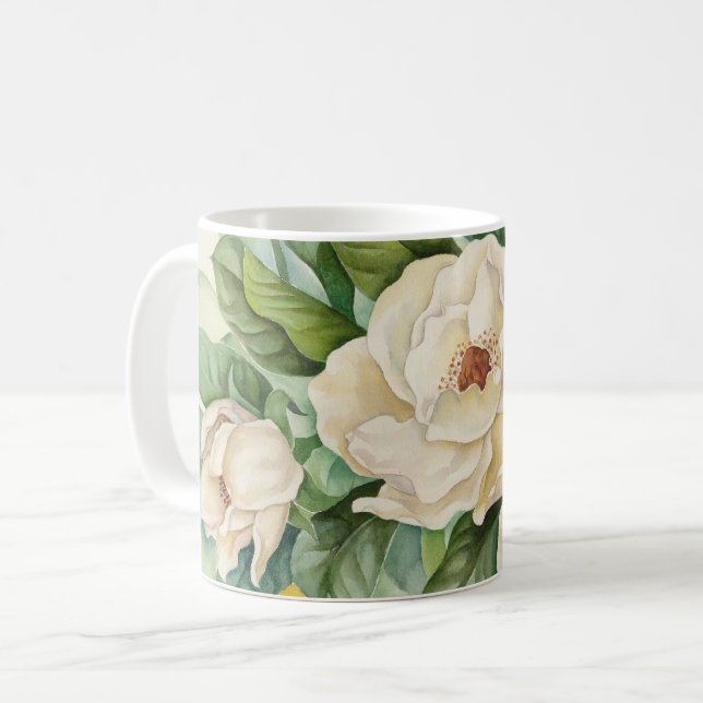 Elegant White Magnolia Flowers In Watercolor Coffee Mug (Front Left)