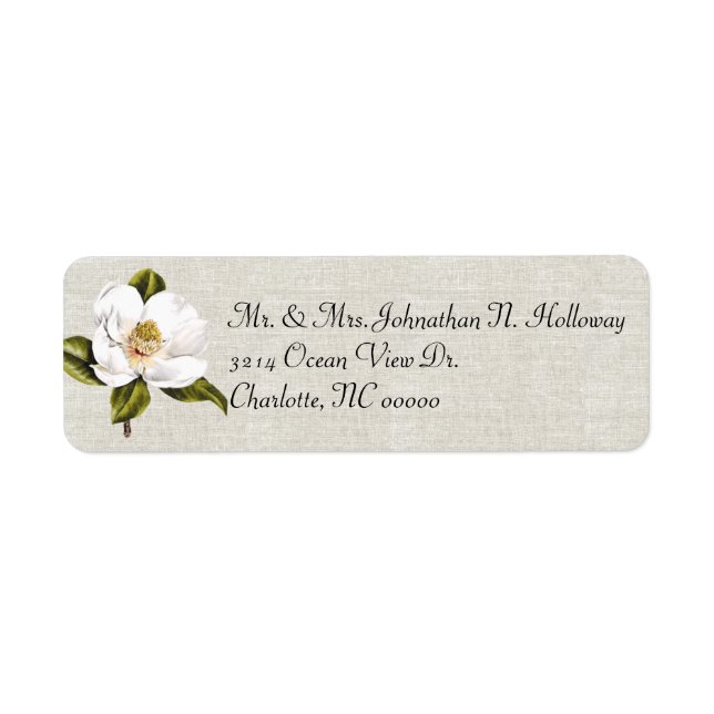 Elegant White Magnolia & Linen Return Address Label (Front)