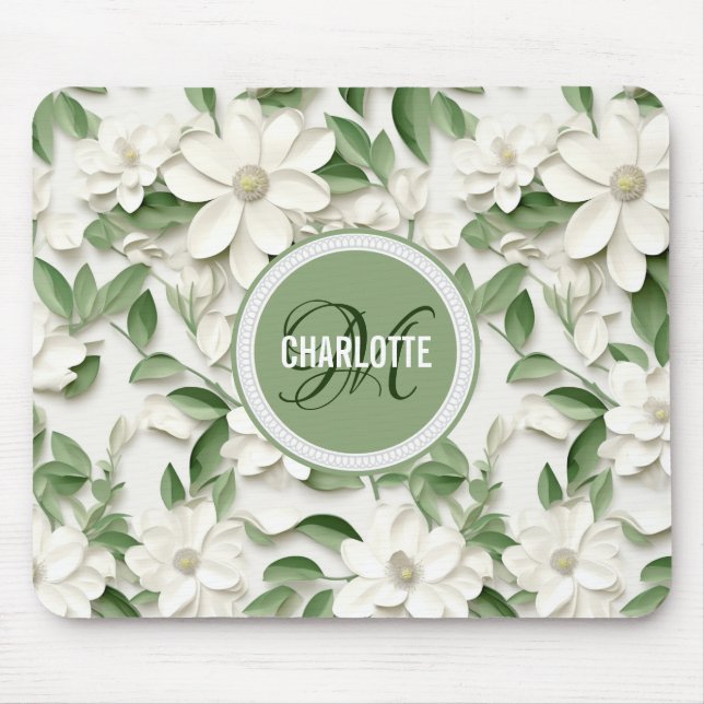 Elegant white magnolia monogrammed name mouse pad (Front)