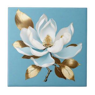 Elegant White Magnolia on Light Blue Ceramic Tile