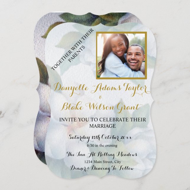 Elegant White Magnolia Watercolor Photo Wedding Invitation (Front/Back)
