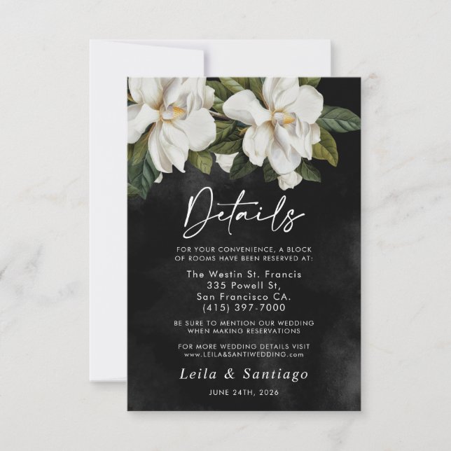 Elegant White Magnolia Wedding Details Card (Front)