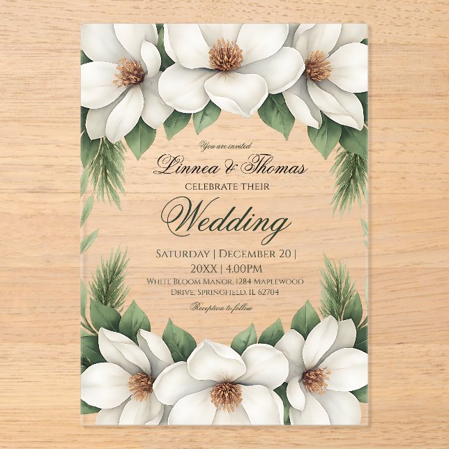 Elegant White Magnolia Wedding Pine Tree Frame Acrylic Invitations (Front)