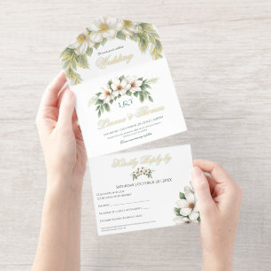 Elegant White Magnolia Wedding Pine Tree Frame All In One Invitation