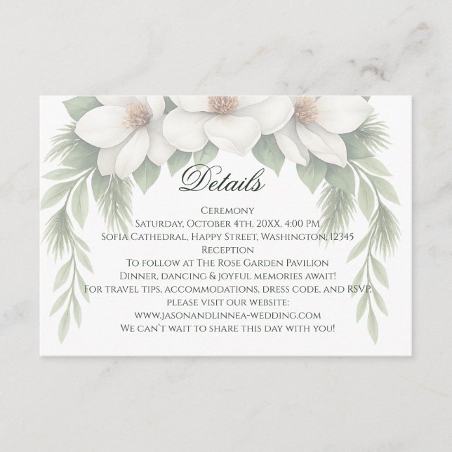 Elegant White Magnolia Wedding Pine Tree Frame Enclosure Card (Front)