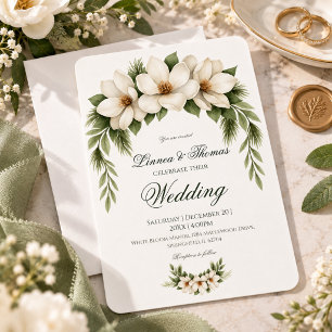 Elegant White Magnolia Wedding Pine Tree Frame Invitation