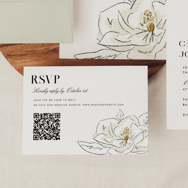 Elegant White Magnolia Wedding QR Code RSVP (Elegant Southern-inspired white magnolia illustration wedding RSVP QR code cards.)