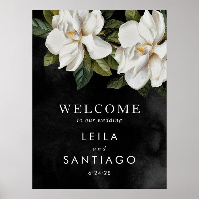 Elegant White Magnolia Wedding Welcome Poster Sign (Front)