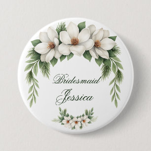 Elegant White Magnolia Winter Wedding Pine Tree 7.5 Cm Round Badge