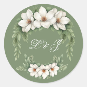 Elegant White Magnolia Winter Wedding Pine Tree  Classic Round Sticker