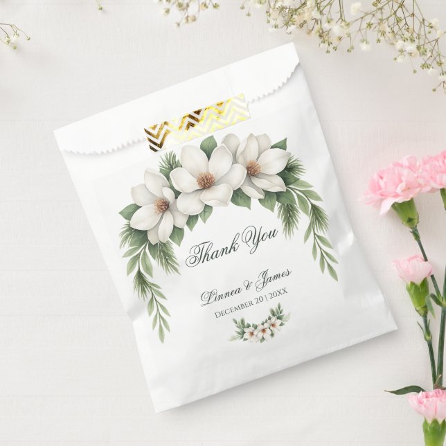 Elegant White Magnolia Winter Wedding Pine Tree  Favour Bag (Sealed)