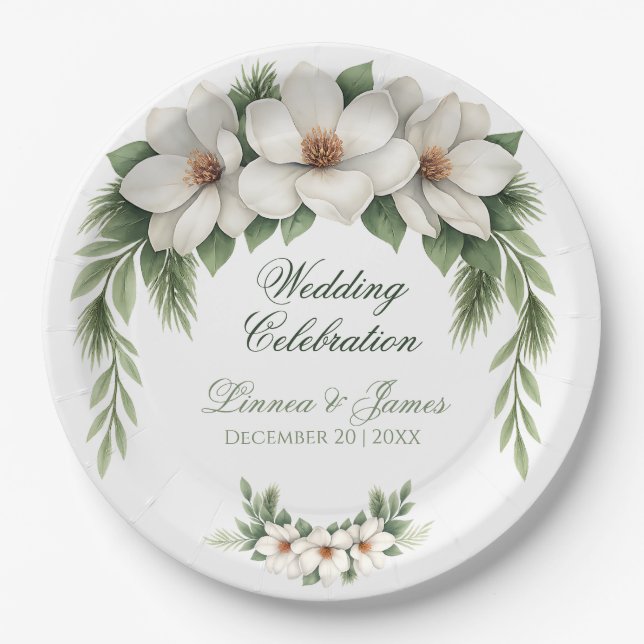 Elegant White Magnolia Winter Wedding Pine Tree  Paper Plate (Front)
