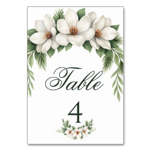 Elegant White Magnolia Winter Wedding Pine Tree Table Number