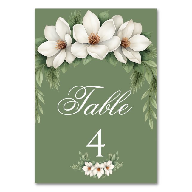 Elegant White Magnolia Winter Wedding Pine Tree  Table Number (Front)