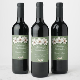 Elegant White Magnolia Winter Wedding Pine Tree  Wine Label