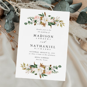 Elegant White Magnolias and Blush Floral Wedding Invitation