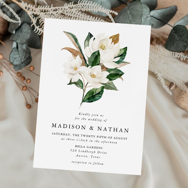 Elegant White Magnolias and Greenery Wedding Invitation (Creator Uploaded)