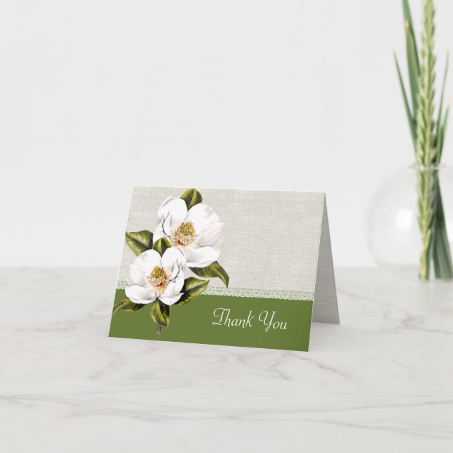 Elegant White Magnolias Wedding Thank You Card (Front)