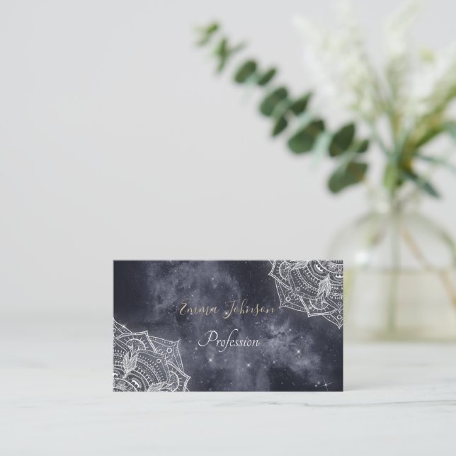 Elegant White Mandala Grey Nebula Design Business Card (Standing Front)