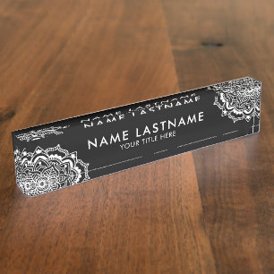Elegant White Mandala Ornament on Black Title Nameplate