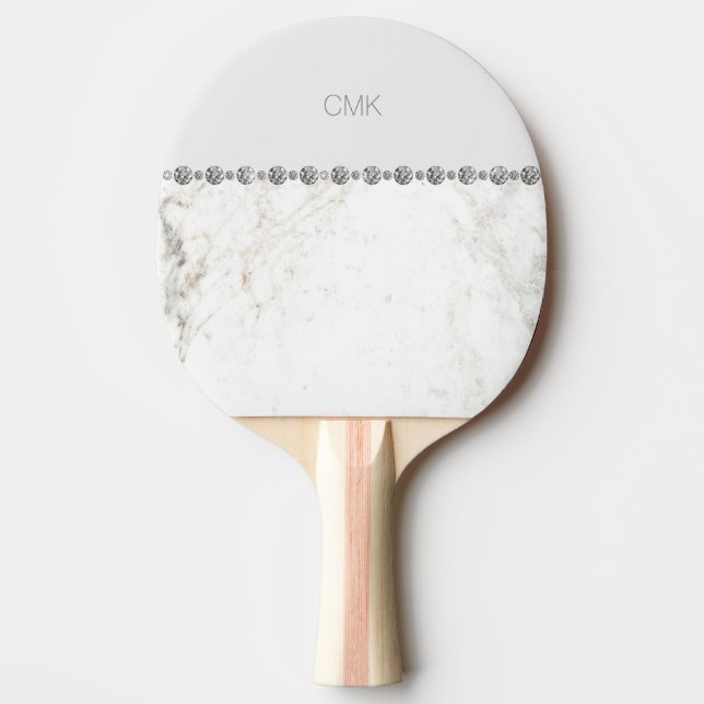 Elegant White Marble and Diamond Look Ping Pong Paddle (Front)
