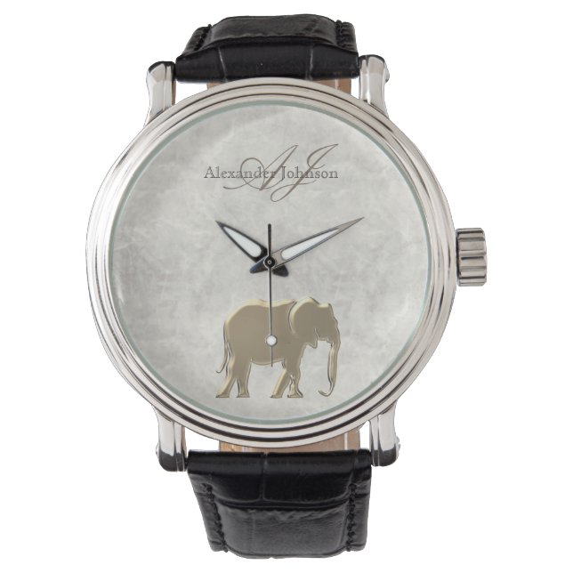 Elegant White Marble and Gold Elephant Monogrammed Watch (Front)