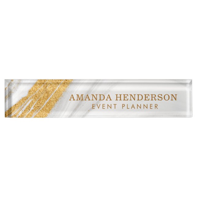 Elegant White Marble And Gold Nameplate (Front)