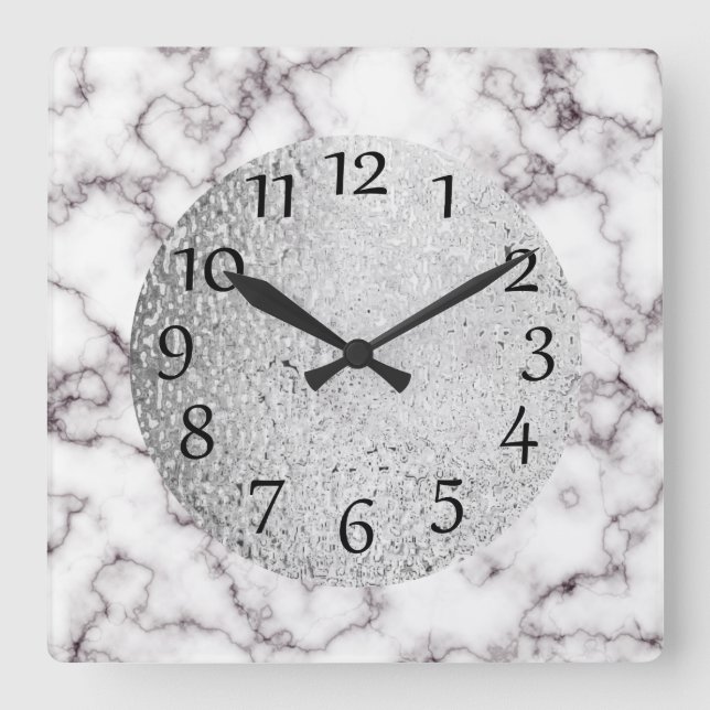 Elegant White Marble and Grey with Silver Square Wall Clock (Front)