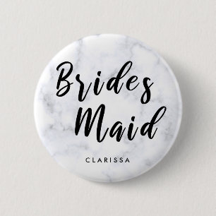 Elegant white marble & black bridesmaid 6 cm round badge