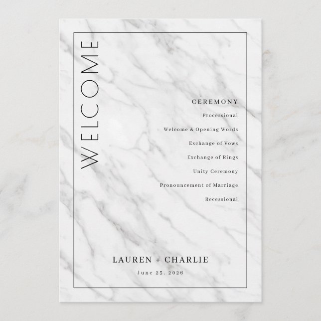 Elegant White Marble Ceremony Schedule Program (Front)