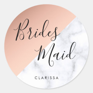 Elegant white marble & copper rose gold bridesmaid classic round sticker