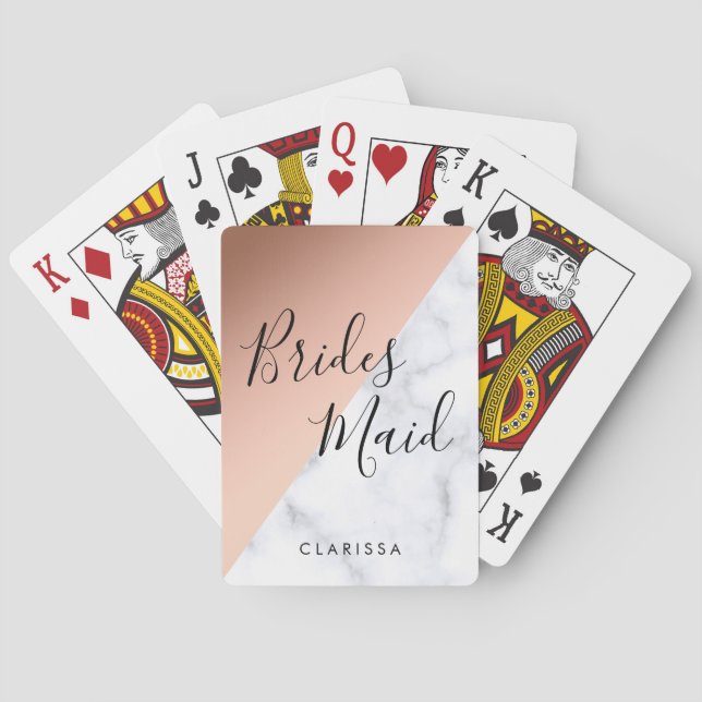 Elegant white marble & copper rose gold bridesmaid playing cards (Back)