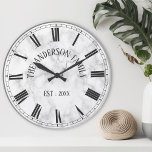 Elegant White Marble Custom Family Name Stylish Round Clock<br><div class="desc">Create your own personalized wall clock with your custom family name and established date on an elegant white marble background.</div>