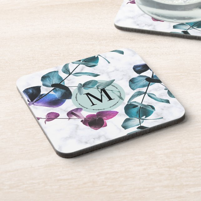 Elegant white marble eucalyptus foliage monogram coaster (Left Side)