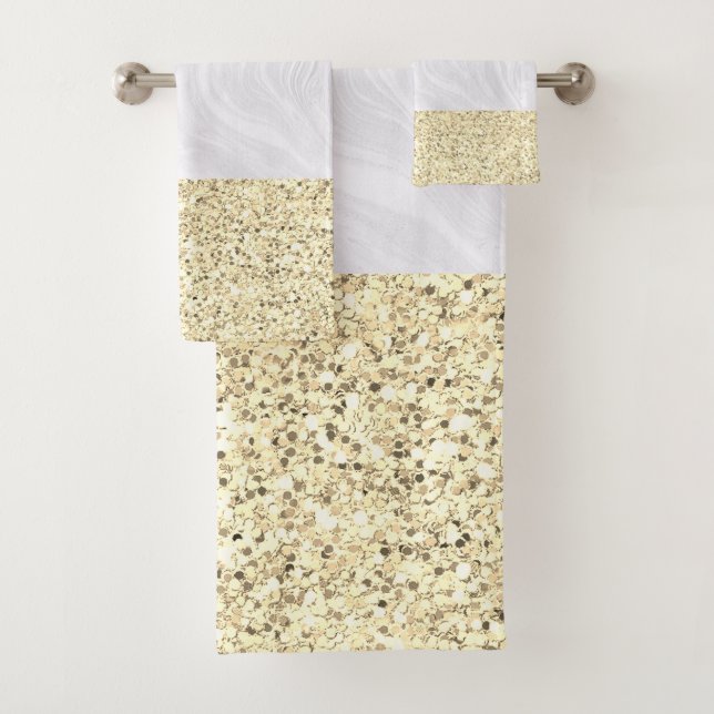 Elegant White Marble Faux Gold Glitter Bath Towel Set (Insitu)