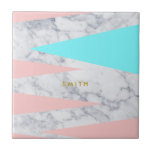 elegant white marble geometric triangles pink mint ceramic tile<br><div class="desc">Trendy and modern design featuring pink and mint colour geometric triangles and faux white marble.</div>