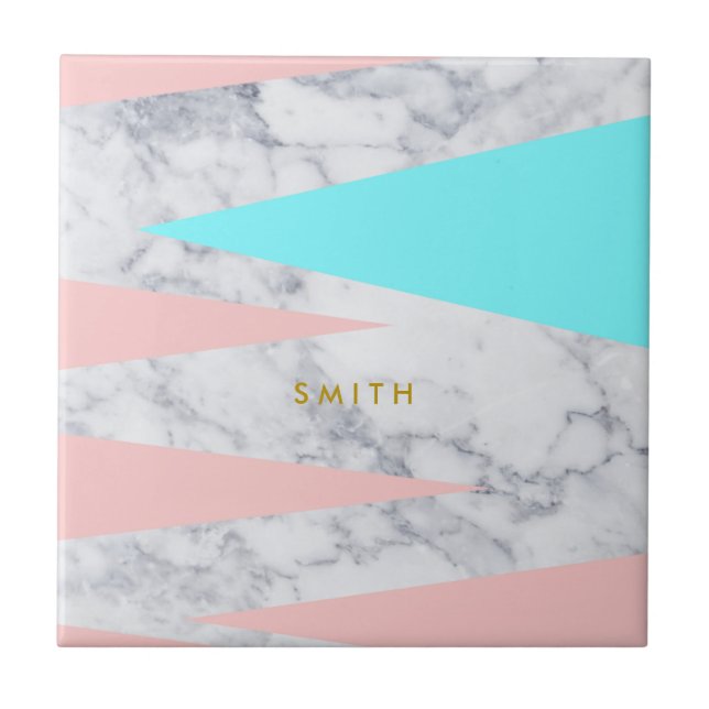 elegant white marble geometric triangles pink mint ceramic tile (Front)