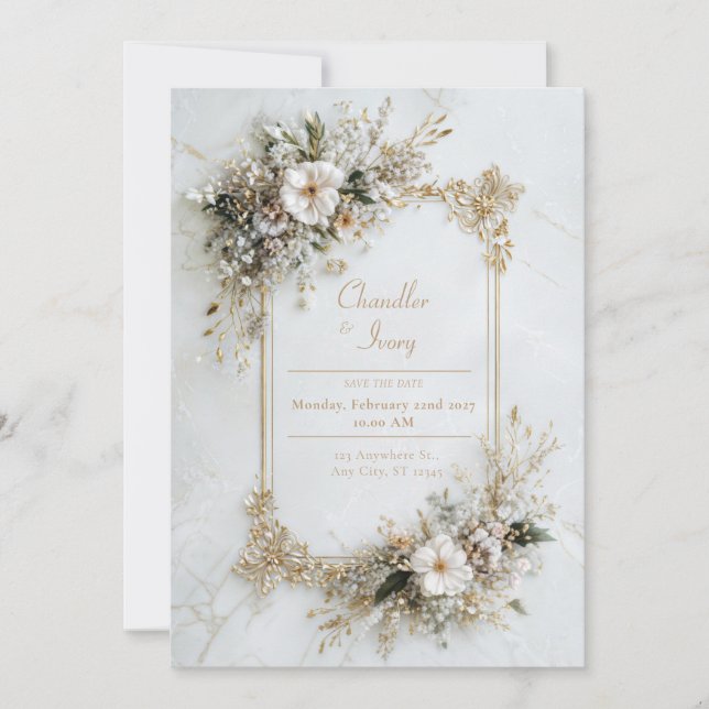 Elegant White Marble Gold Floral Geometric Wedding Invitation (Front)