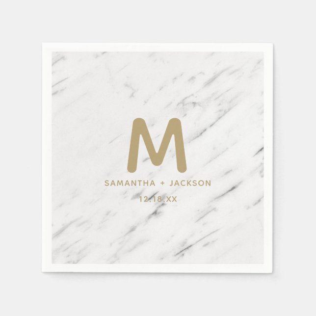 Elegant White Marble & Gold Foil Wedding Monogram Napkin (Front)