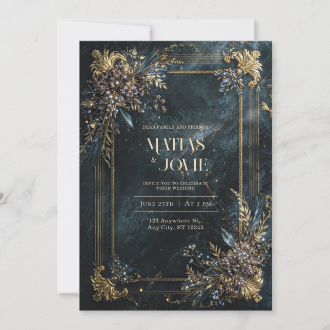 Elegant White Marble Gold Geometric Floral Wedding Invitation (Front)