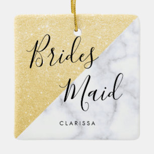 Elegant white marble & gold glitter bridesmaid ceramic ornament