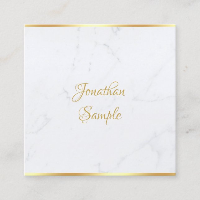 Elegant White Marble Gold Modern Script Template Square Business Card (Front)