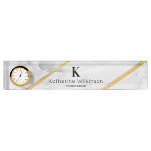 Elegant White Marble Gold Monogram Nameplate