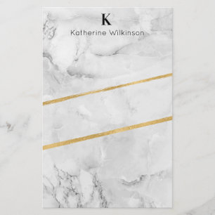 Elegant White Marble Gold Monogram Stationery