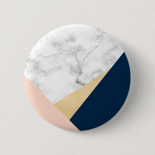 elegant white marble gold peach blue colour block 6 cm round badge