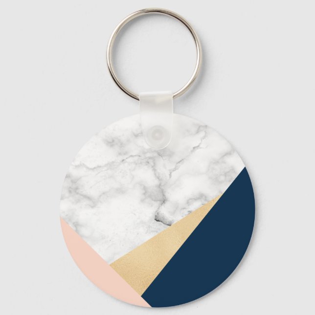 elegant white marble gold peach blue colour block key ring (Front)