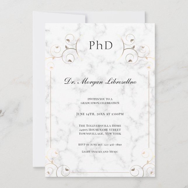 Elegant White Marble Gold PhD Graduation Invitation (Front)