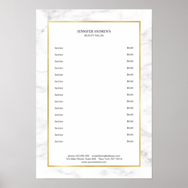 Elegant White Marble Gold Pricelist Poster (Front)