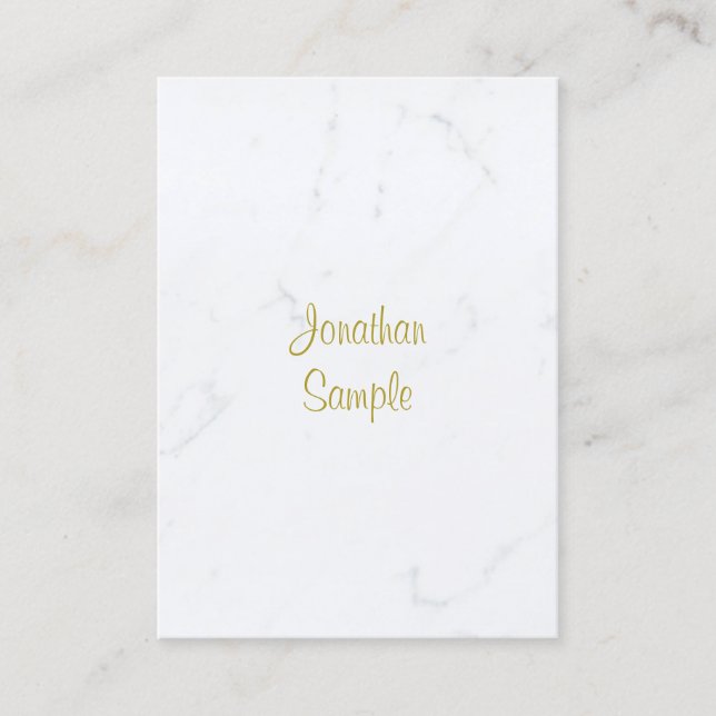 Elegant White Marble Gold Script Luxurious Plain Business Card (Front)