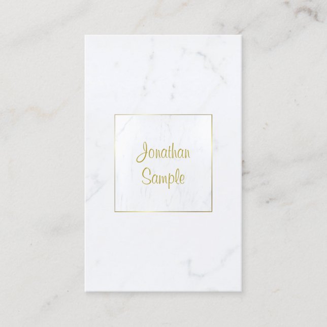 Elegant White Marble Gold Script Luxury Template Business Card (Front)